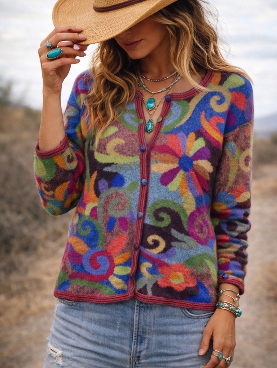 Vintage Sweaters - Vintage Alpaca Intarsia Cardigan Floral Sweater